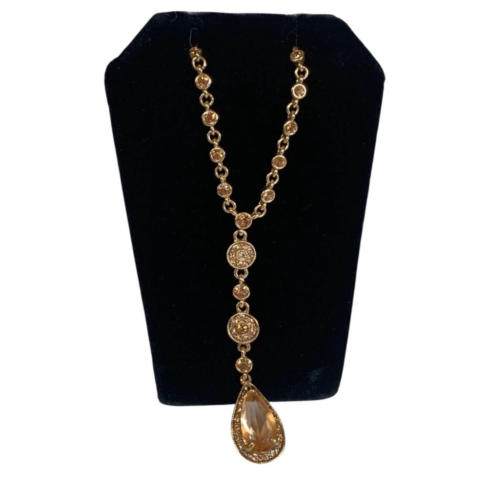 Monet Y Necklace Gold Tone Teardrop Amber Pendant Elegant Evening Jewelry